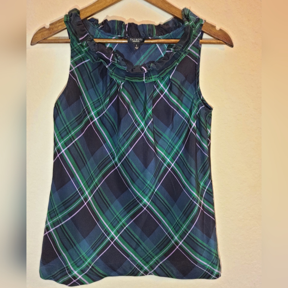 Talbots 100% Silk Top‎ Womens 2 Green Navy Tartan Plaid Ruffle Neck Academia